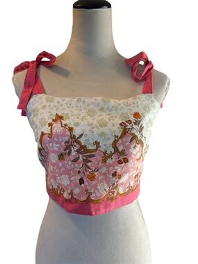 Rachel Zoe Ornate Stye Boatneck Floral Pink Tie-Strap Crop Top